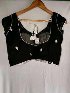 Black Embroidered Blouse with White Piping