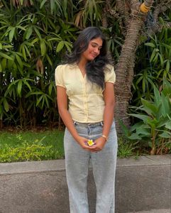 Yellow Striped Button-Up Puff Sleeve Top