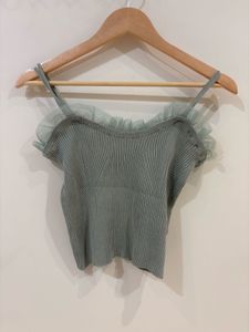 Sage Green Ribbed Tulle Trim Crop Top