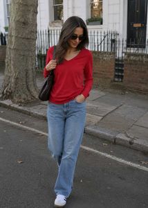 Chic Red Long Sleeve V-Neck Top
