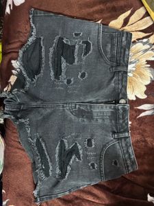 Distressed Black Denim Shorts