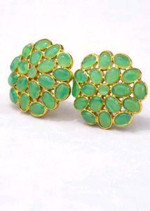 ✨ Green Stone Floral Stud Earrings | Gold Finish |