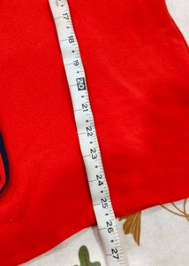 Vibrant Red Top with Navy Blue Collar &amp; Tie