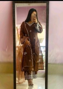 Brown Embroidered Kurti Set