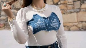 Sheer White Long Sleeve Top with Denim Star