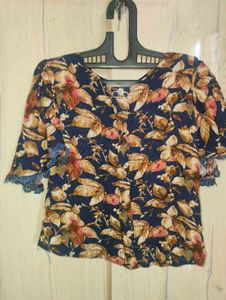 Beautiful Navy Blue Floral Top with Lace Detailing
