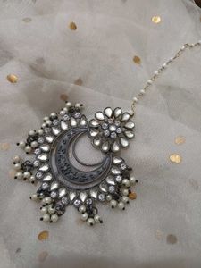 Black polish Oxidized Maang Tikka with Pearls