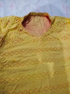 Yellow Chikankari Kurta with Pink Sleeves