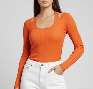 Bright Orange Ribbed Long Sleeve Top