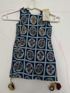 Blue Block Print Kurta with Tassels