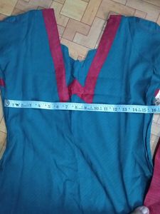 New Teal &amp; Red Embroidered Kurti Pant Set