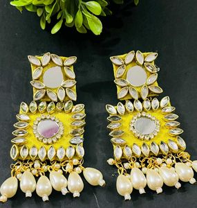 Fancy Party Wear Fabric Earrings Colour Yellow