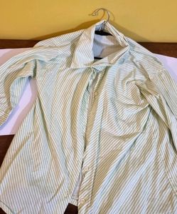 Green And White Stripes Button-up T Shirt