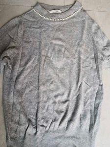 Elegant Gray Pearl Embellished Knit Sweater