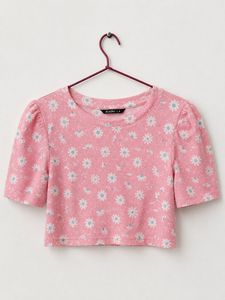 Pink Floral Puff Sleeve Crop Top