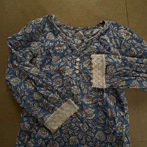 Desi Lace Aesthetic Blue Floral Print Kurta