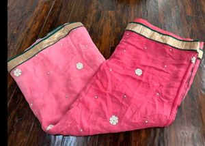 Pink Saree with Green &amp; Gold Border