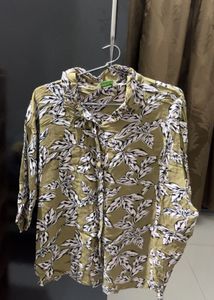 Olive Green Leaf Print Button-Up Shirt