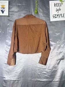Brown Bell Sleeve Collared crop Shirt