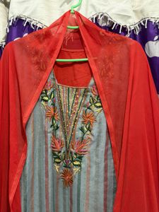 Red Grey Embroidered Suit Set