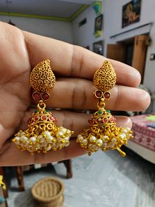 Gold Jhumka Earrings with Pearls