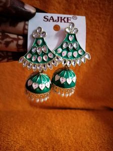 Green Jhumka Earrings with Pearls