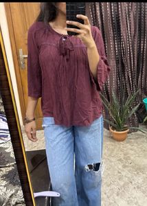 Maroon Bell Sleeve Tie-Up Top