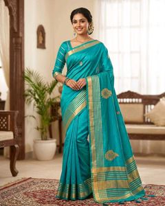 Elegant Teal Saree with Gold Border