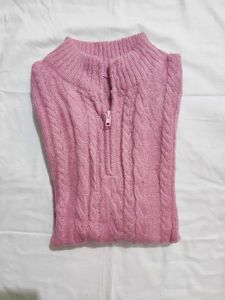 Pink Cable Knit Quarter Zip Sweater