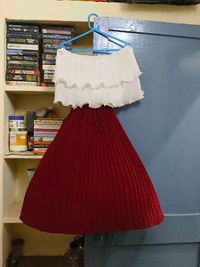 White &amp; Maroon Pleated off shoulder dress