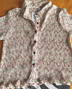 Vintage Pleated Floral Button-Up Blouse