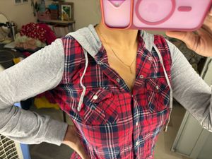 Red Plaid Button-Up Shirt with Grey Sleeves