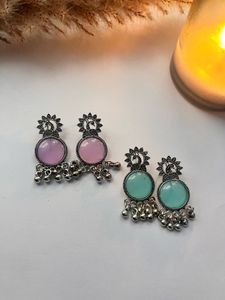 Peacock Design Earrings - Pink &amp; Teal