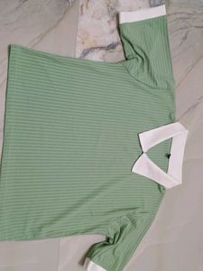 Green Striped Collared Top