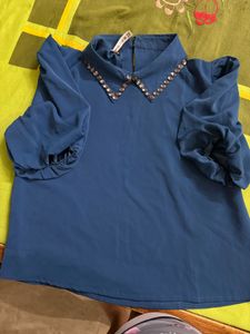 Blue Puff Sleeve Blouse with Embellished Collar