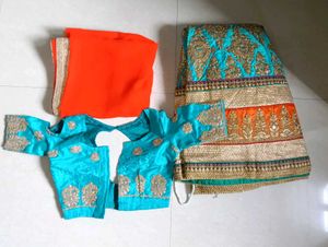 Stunning Teal &amp; Orange Embroidered Lehenga Choli
