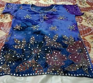 Blue Batik Kurta with Floral Embellishments