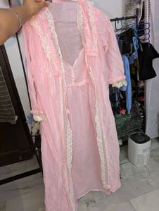 Pink Lace Trim Nightgown &amp; Robe Set