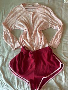 Pink Knit Cardigan & Red Shorts Set