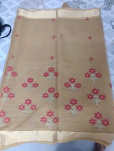 Embroidered Tan Saree with Red 🌹✨