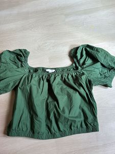 H&M Green Square Neck Puff Sleeve Top