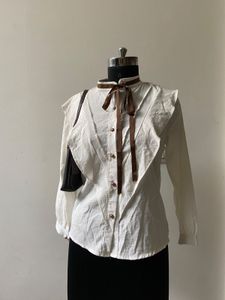 Korean White Collared Ruffle Top
