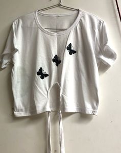 White Butterfly Tie-Front Crop Top