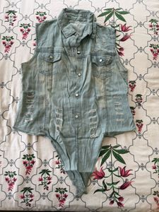 Distressed Denim Sleeveless tie up Top