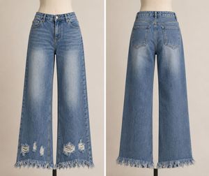 Distressed Wide Leg Jeans with Fringed Hem