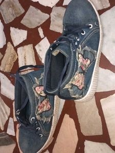 Denim Sneakers with Floral Patchwork