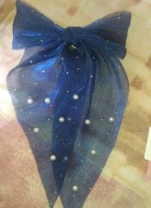 Blue pearl embellished hair bow