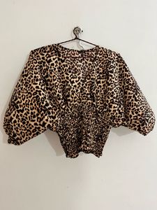Leopard Print Smocked Waist Blouse