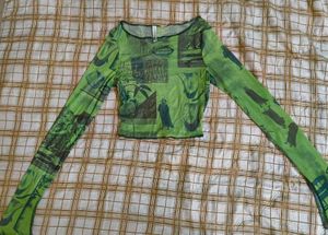 Green Mesh Sheer Graphic Print Top