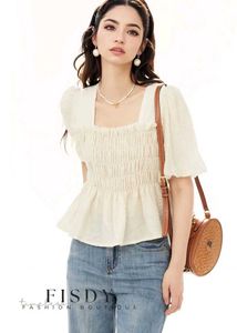 Korean Pinterest White Smocked Puff Sleeve Top